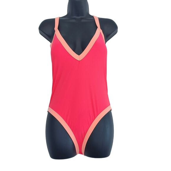 Beach Joy Neon Pink Peach Criss Cross One Piece Swimsuit Women Size Small Medium - Picture 1 of 4